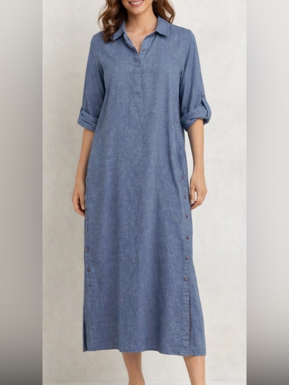 Chico’s Blue Linen Shirt Dress Size 1 Long Button Side Casual